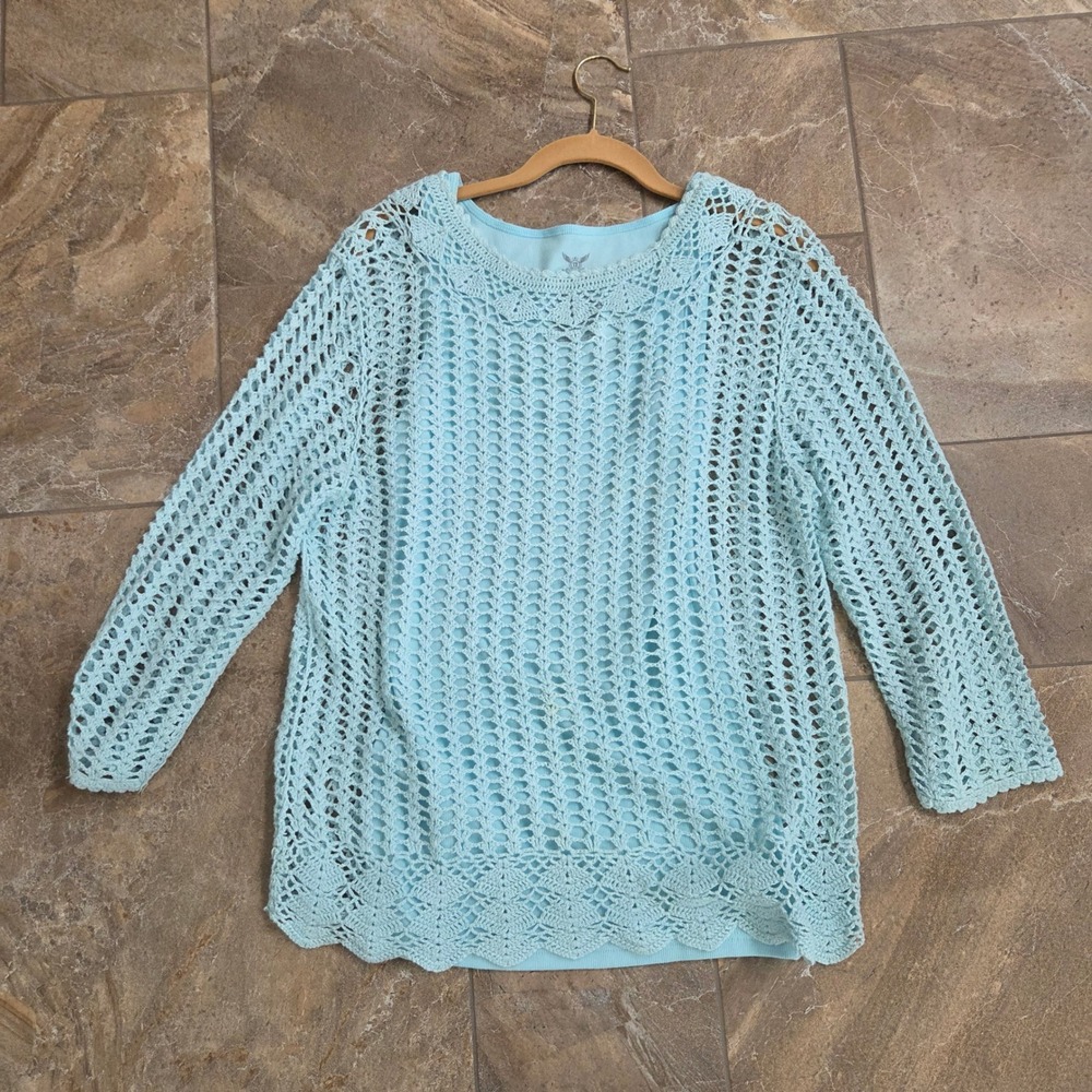 Faded Glory Women Light Blue Turquoise Crochet Knit Layered Top Tank Set Boho L